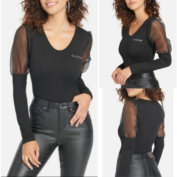 bebe Tops - 🆕️bebe Black Logo Organza Puff-Sleeve Knit Top